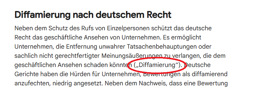Ausschnitt aus dem Google-Richtlinien-Post „Diffamierung nach deutschem Recht” mit rot eingekreistem Begriff „Diffamierung”