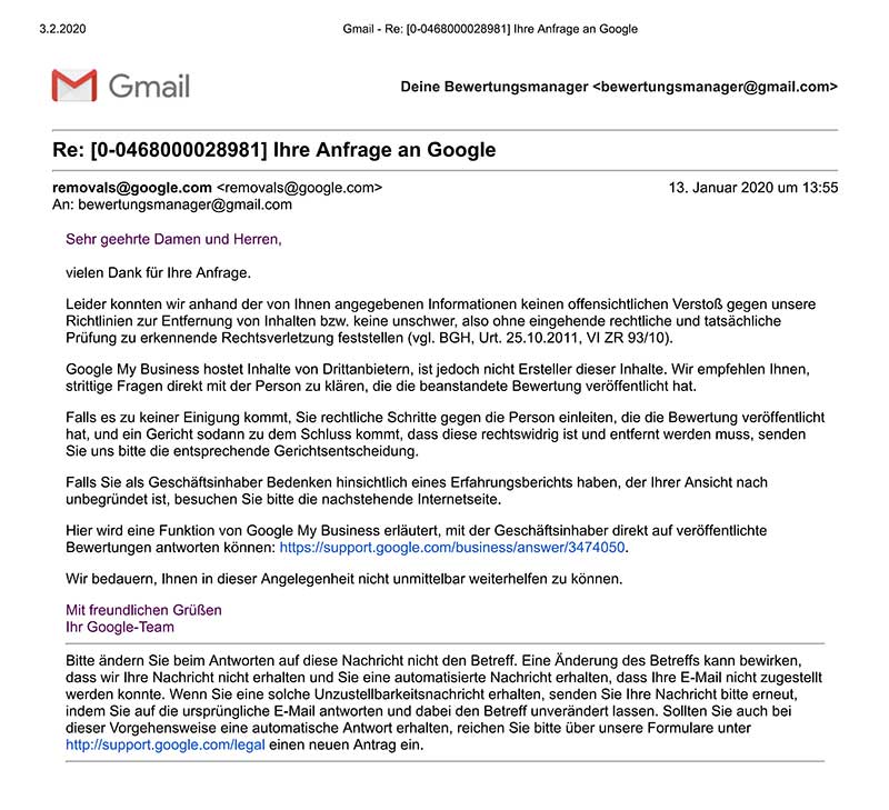 Google Bewertungen löschen lassen 7 Ablehnung der Löschung